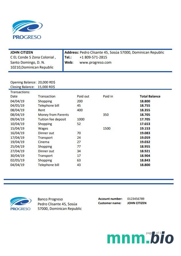 Dominikana Progreso wzór wyciągu bankowego, Excel i PDF format (.xls i )